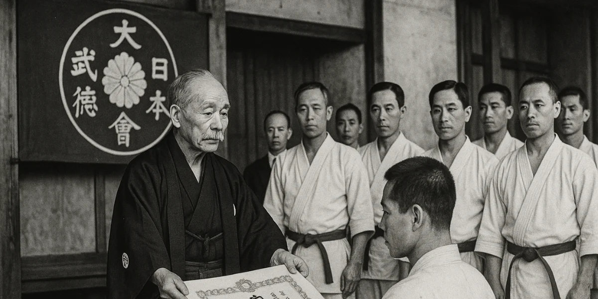 An elder Japanese martial arts master in traditional attire presents a certificate to a kneeling karate student, surrounded by other practitioners in white gis, in front of a banner bearing the Dai Nippon Butoku Kai emblem.