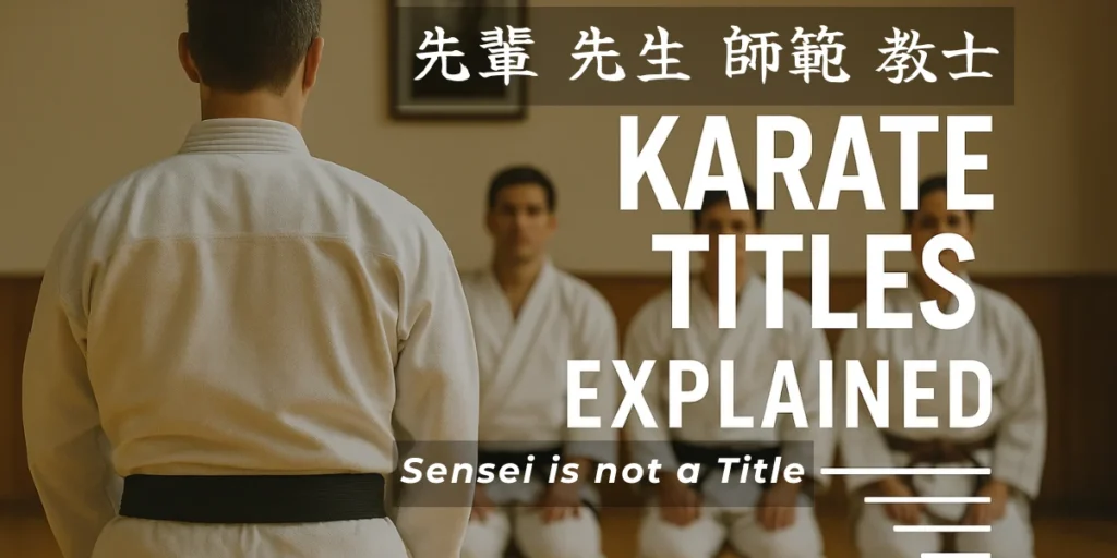 A karate instructor in a white gi faces seated students in a traditional dojo. Overlaid text reads “Karate Titles Explained” with the word Sensei and other Japanese titles like Senpai, Shihan, and Kyoshi shown above.