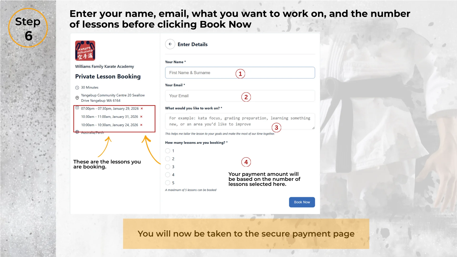 Step 6: Select the number of lessons and click Book Now to proceed to secure payment
