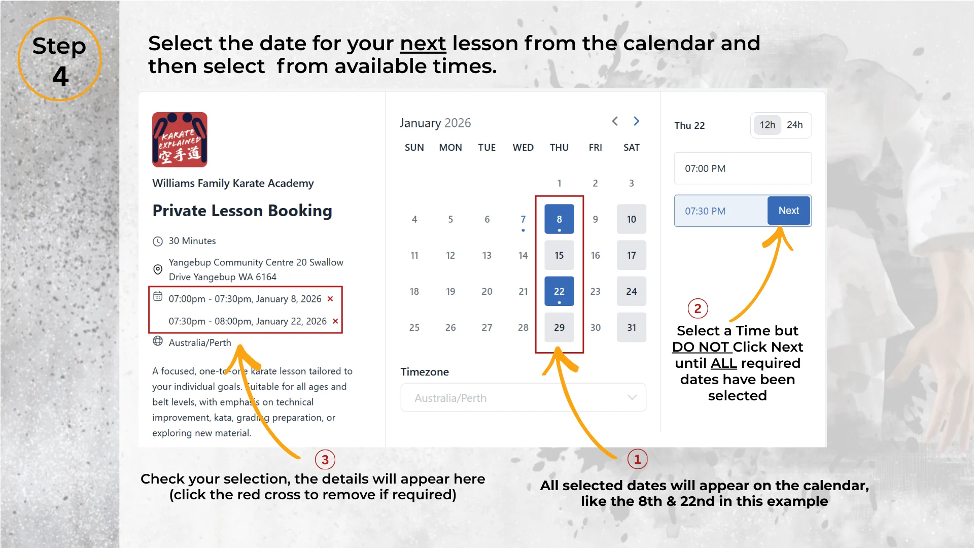 Step 4: Review selected lesson dates and times