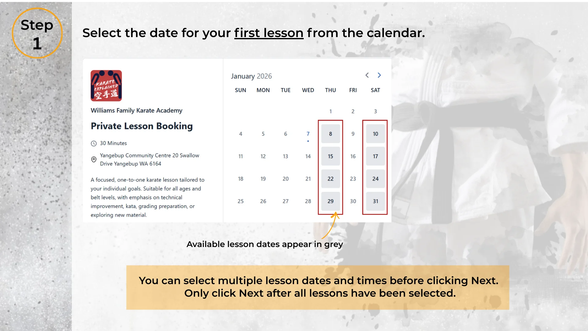 Step 1: Select the date for your first lesson from the calendar
