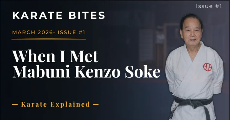 Karate Bites Issue 1 banner featuring When I Met Mabuni Kenzo Soke with portrait of Mabuni Kenzo in karate gi