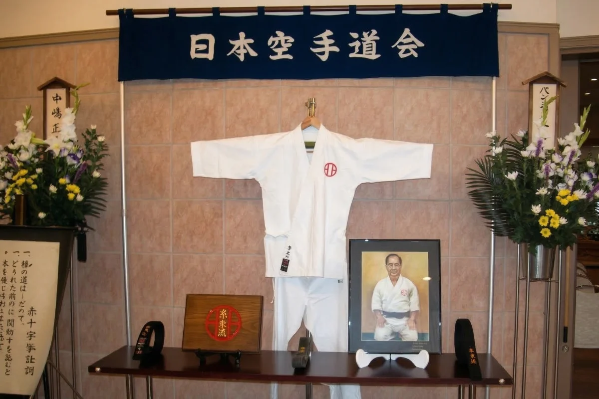 Dogi and personal items of Mabuni Kenzo Soke displayed during the funeral ceremony in Osaka, Japan, 2005.