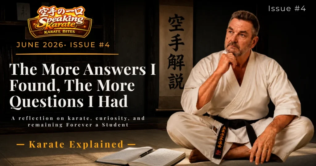 Karate Bites Issue 4 featured image showing a seated karate practitioner in a dojo reflecting on the article The More Answers I Found, The More Questions I Had.